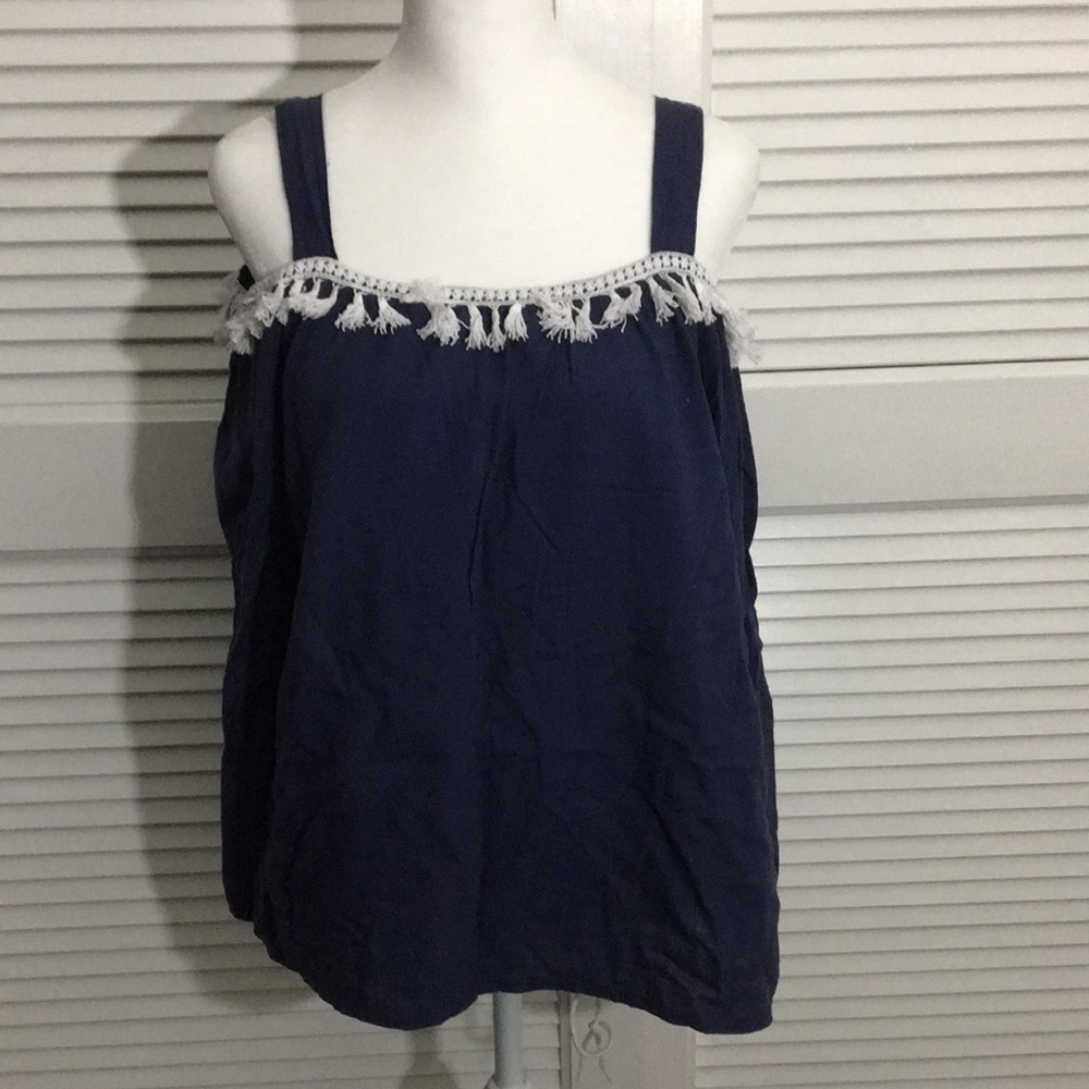 Navy cold shoulder top with white tassels